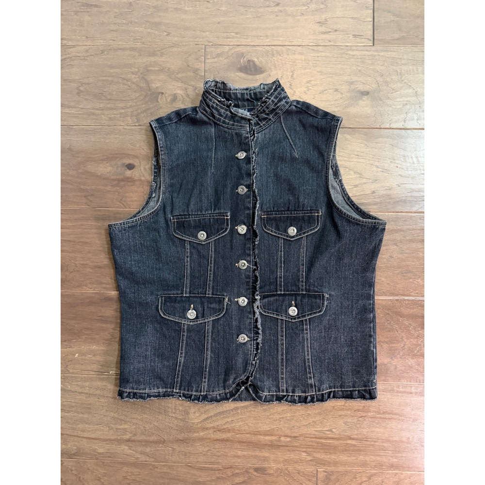 Vintage DCC Missy Womens Y2K Dark Wash Denim Vest‎ Button Front Mock Neck Large